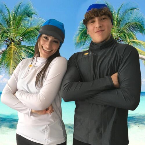 Sun Protective Turtleneck Swim Shirt with pocket on the beach