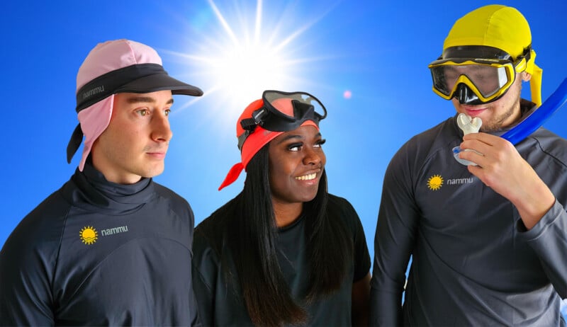 3 people with pink, orange and yellow nammu sun protective snorkeling caps