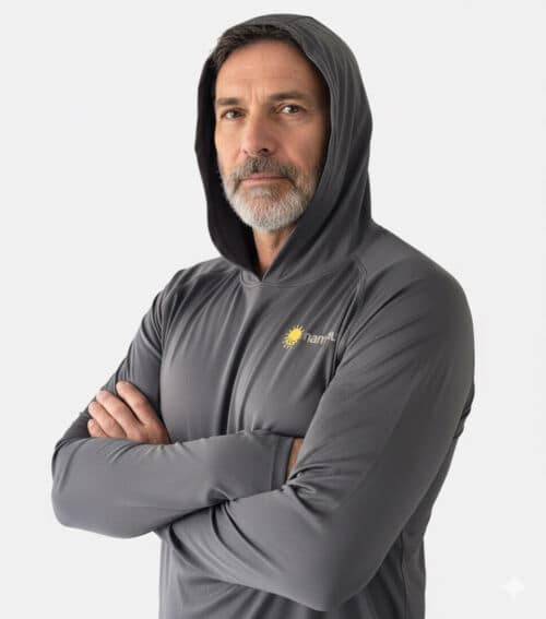 a man wearing gray sun protective swim shirt with hood