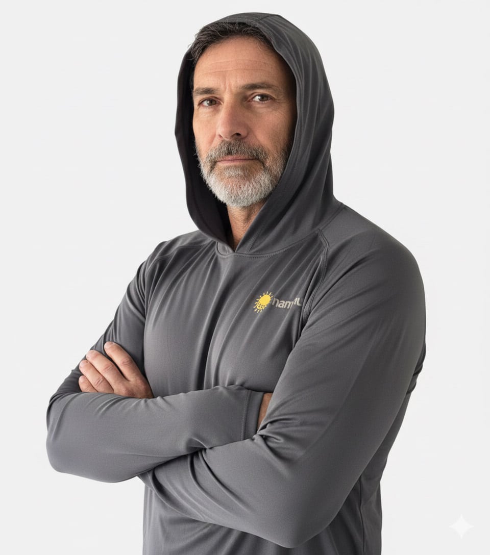 a man wearing gray sun protective swim shirt with hood
