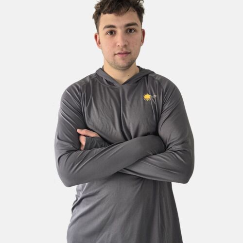 man wearing sun protective swim shirt with hoodie
