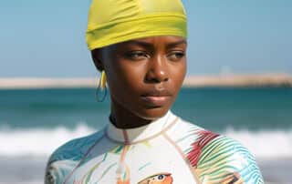 women on the beach with yellow swimming chemo hat