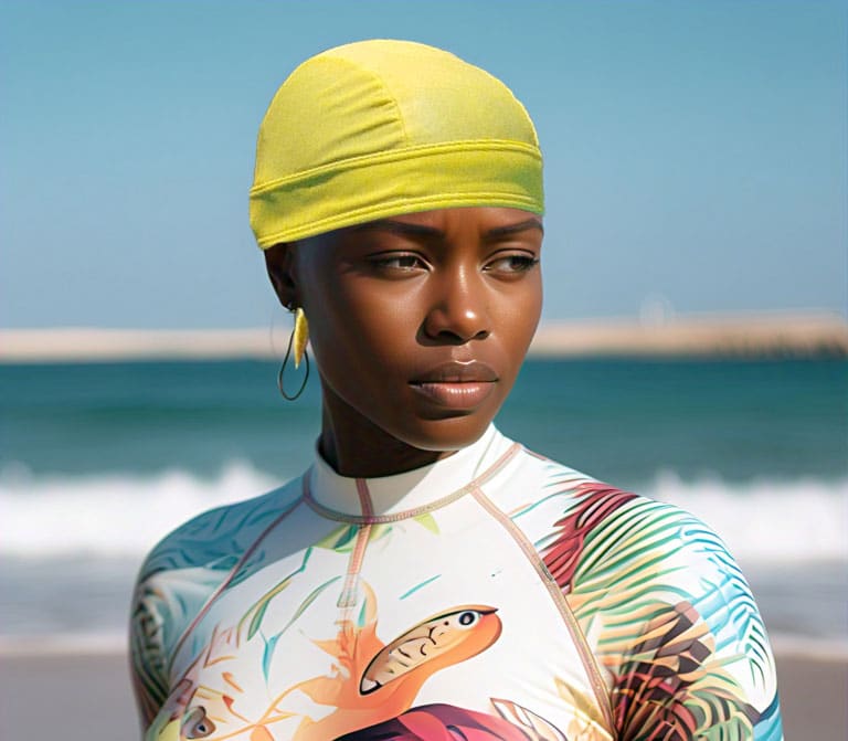 women on the beach with yellow swimming chemo hat