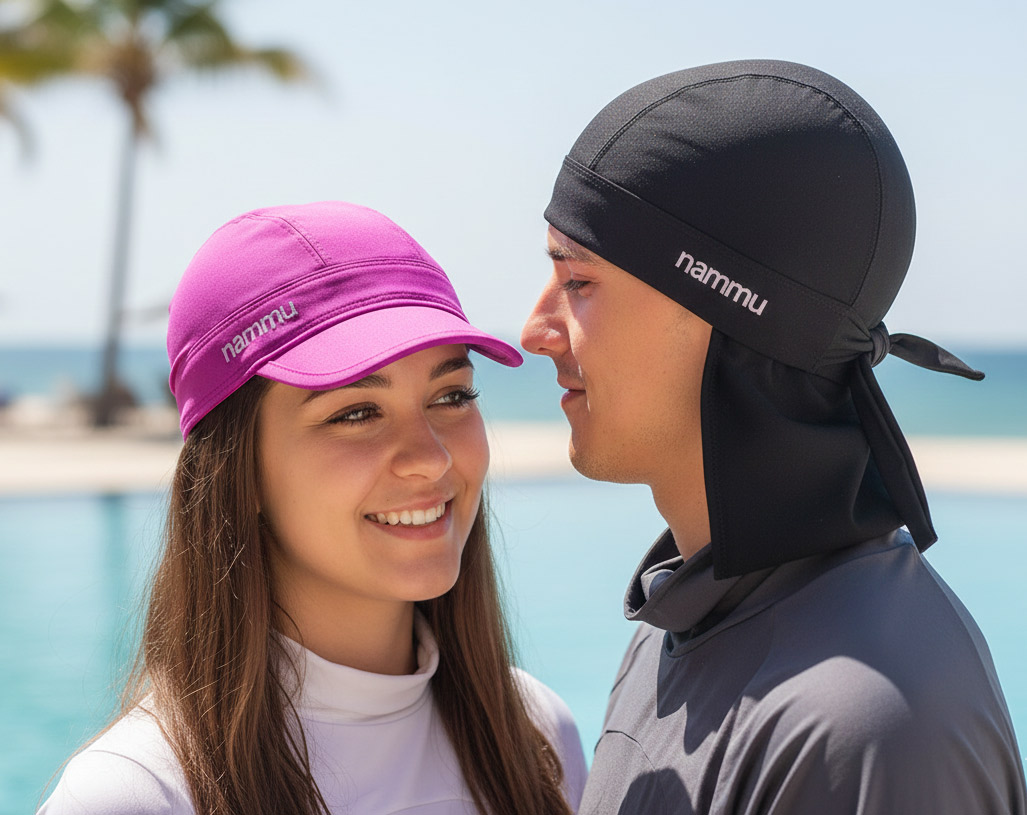 Person wearing Nammu hat showing confidence while swimming with hair loss
